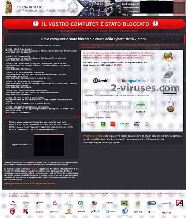 The “Il vostro computer è stato bloccato” Virus screenshot The “Il vostro computer è stato bloccato” Virus screenshot