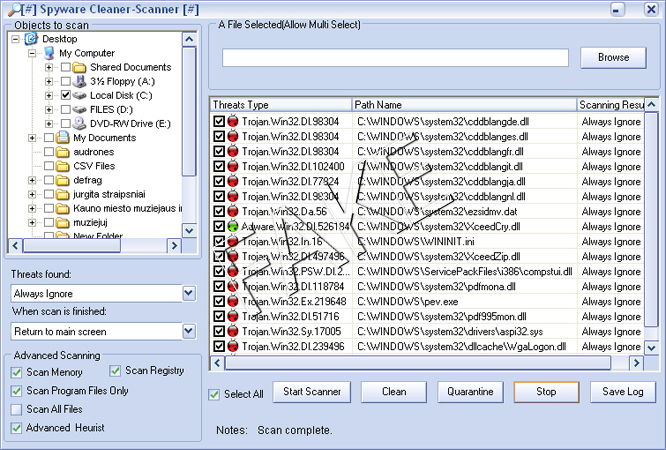 Spyware Cleaner 2009 false scan results report