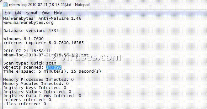 Malwarebytes' Anti-Malware scan log