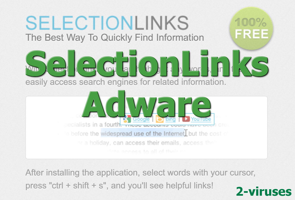 "SelectionLinks Adware", screenshot of the home page of the extension
