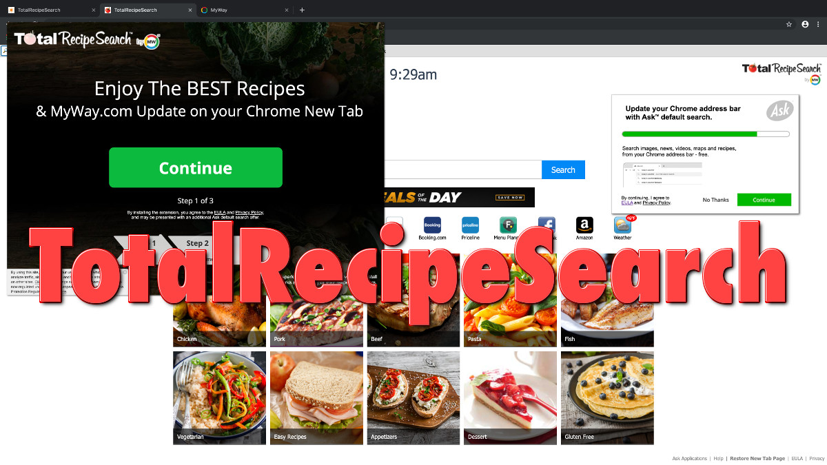 "TotalRecipeSearch" front page, installation page, "Ask" prompt