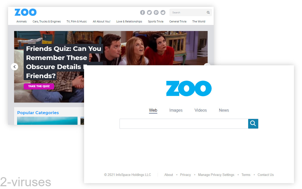 Isearch.zoo.com is a search engine while Zoo.com is a quiz site.