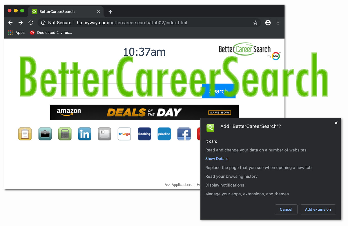 "BetterCareerSearch", the page, the permissions pop-up