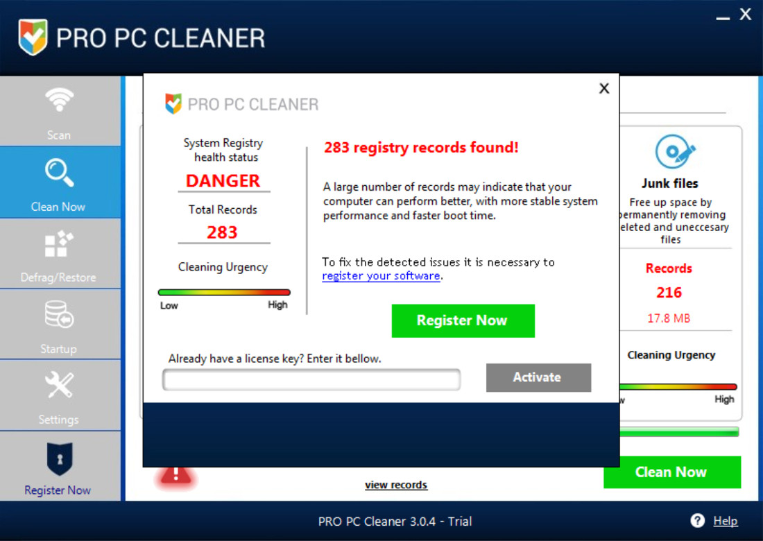 ProPcCleaner screenshot "system registry health status danger", 