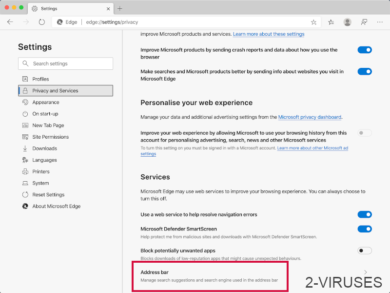  Edge nueva configuración de barra de direcciones abierta.