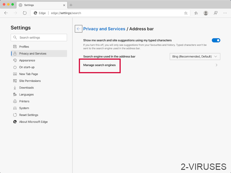Edge neu wählen Sie Suchmaschinen verwalten.