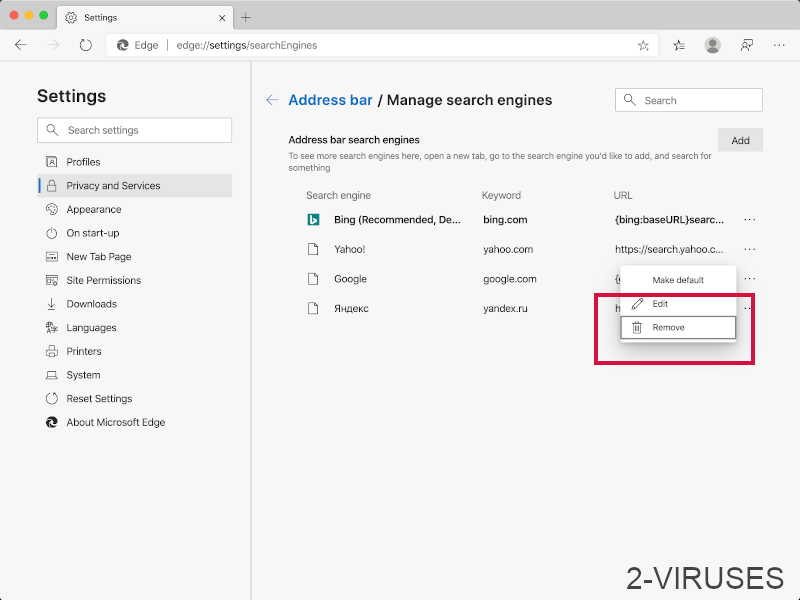 Edge new choose remove for unwanted search engines.