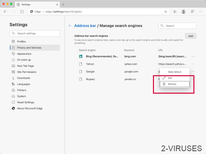  Edge new scegli Rimuovi per i motori di ricerca indesiderati.