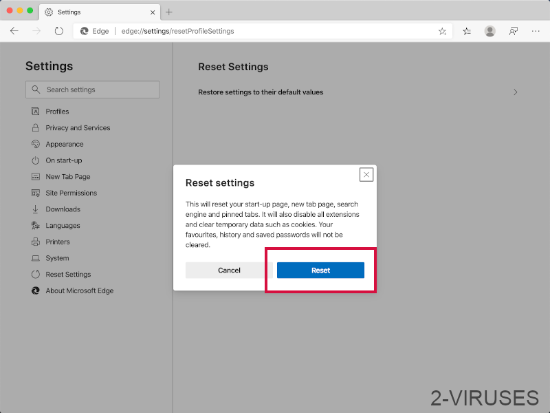 borda novas configurações de restauração comfirmation.