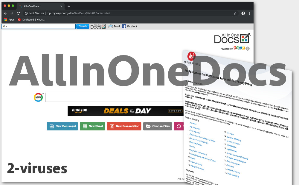 AllInOneDocs new tab page and the Ask applications privacy policy
