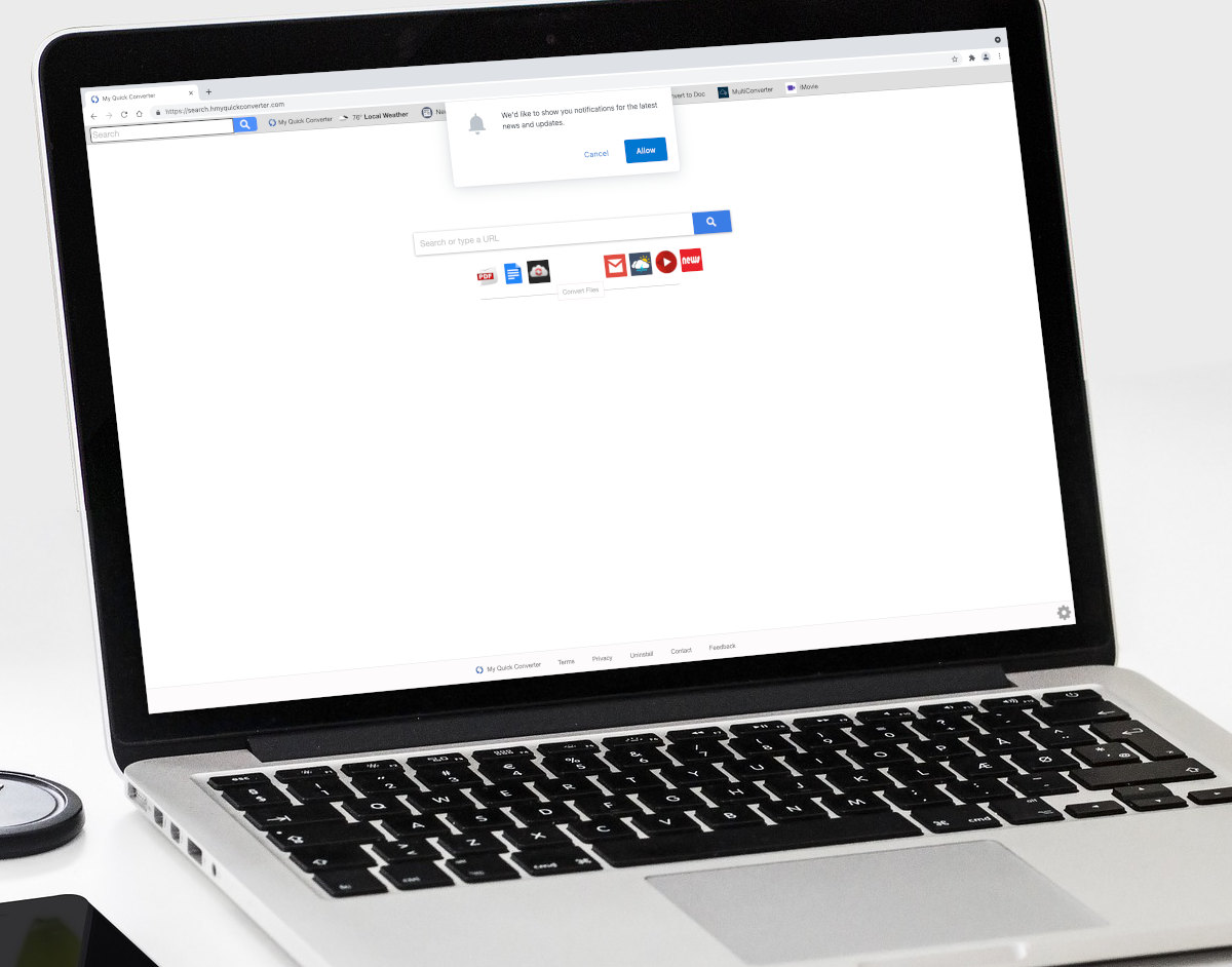 Search.hmyquickconverter.com home page on a laptop screen.