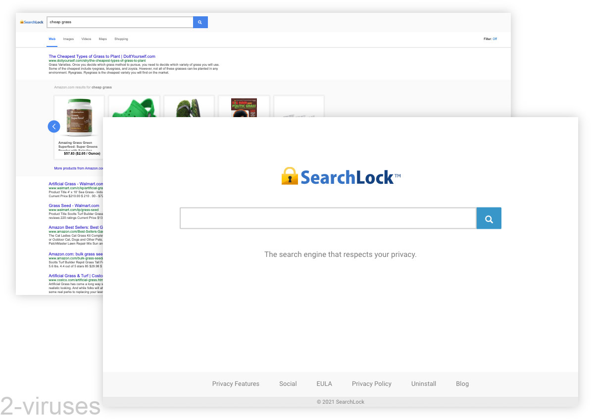 SearchLock's front page and its search results.