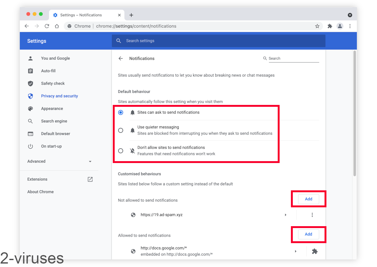 Manage notifications by blocking individual sites or disabling notifications.