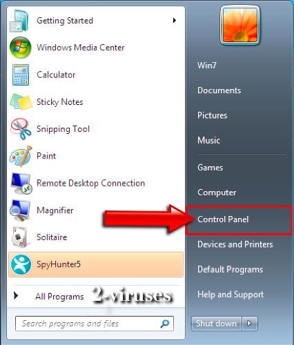 Spyhunter removal step 2 enter control panel