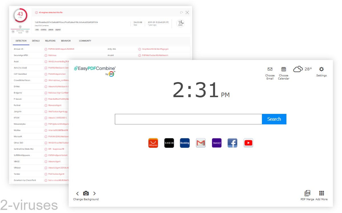 EasyPDFCombine's installer gets detected by 42 scanners on virustotal.