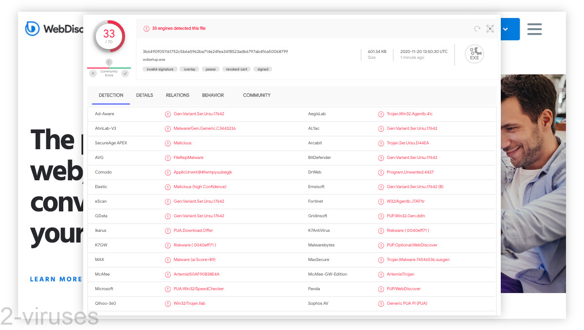 WebDiscover's installer is detected by antivirus programs on Virustotal.