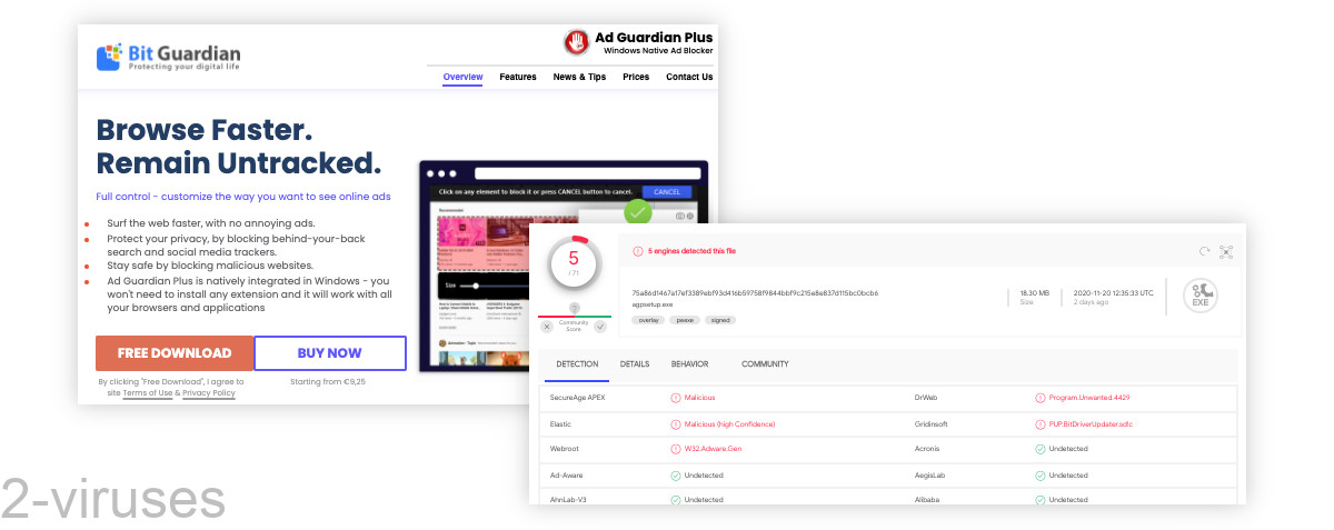 Ad Guardian Plus is detected by a few antivirus scanners.