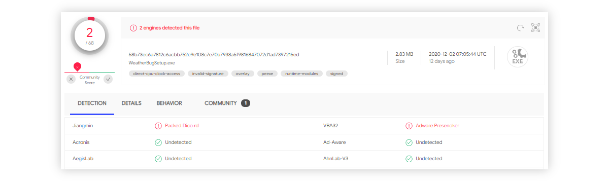 WeatherBug's installer isdetected by a couple of scanners.