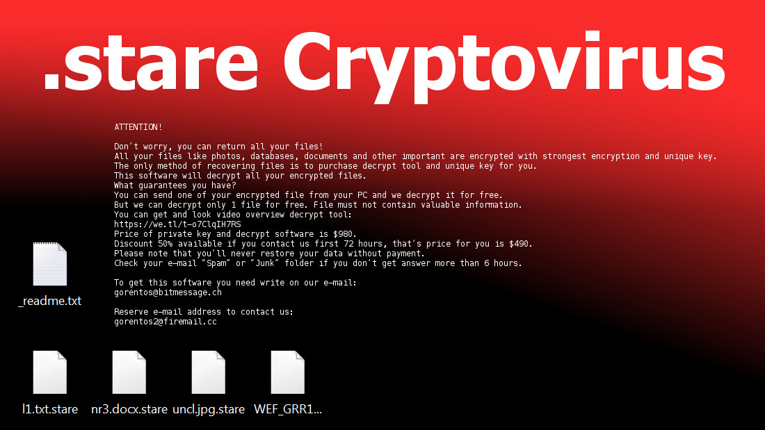 Stare cryptovirus, text of the ransom note, screenshot of the locked file icons