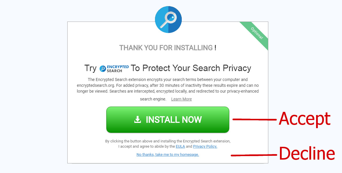 Encryptedsearch.org installation offer with big "INSTALL NOW" and tiny "no thanks"