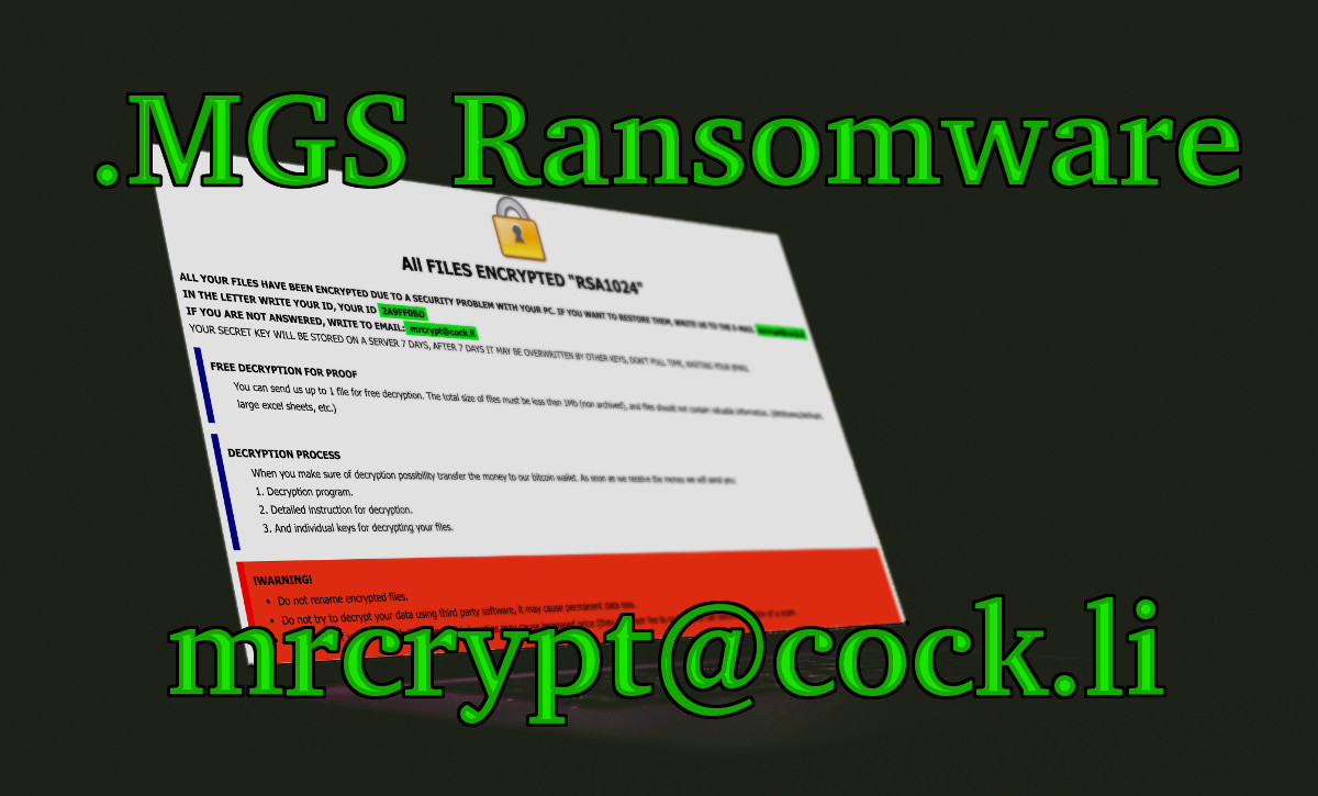 .MGS Ransomware mrcrypt@cock.li, a computer with the ransom note on the screen