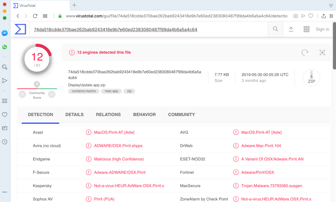 DisplayUpdate detection on VirusTotal
