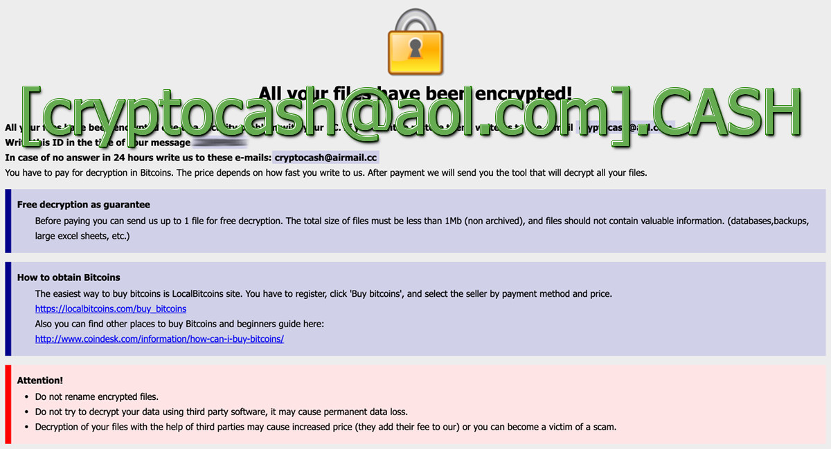 "[cryptocash@aol.com].CASH", the ransom note