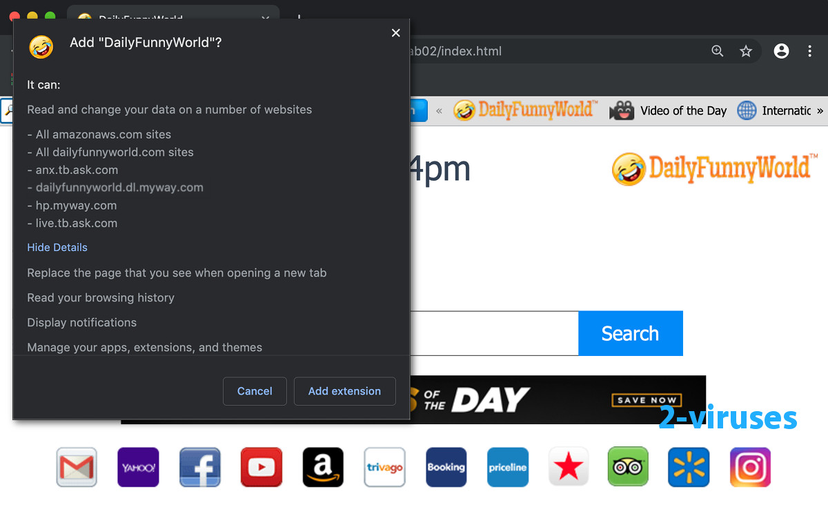 DailyFunnyWorld permissions pop-up and the new tab page