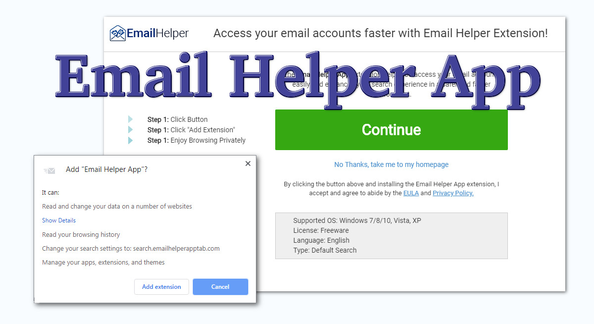 "Email Helper App", installation page, Chrome permissions