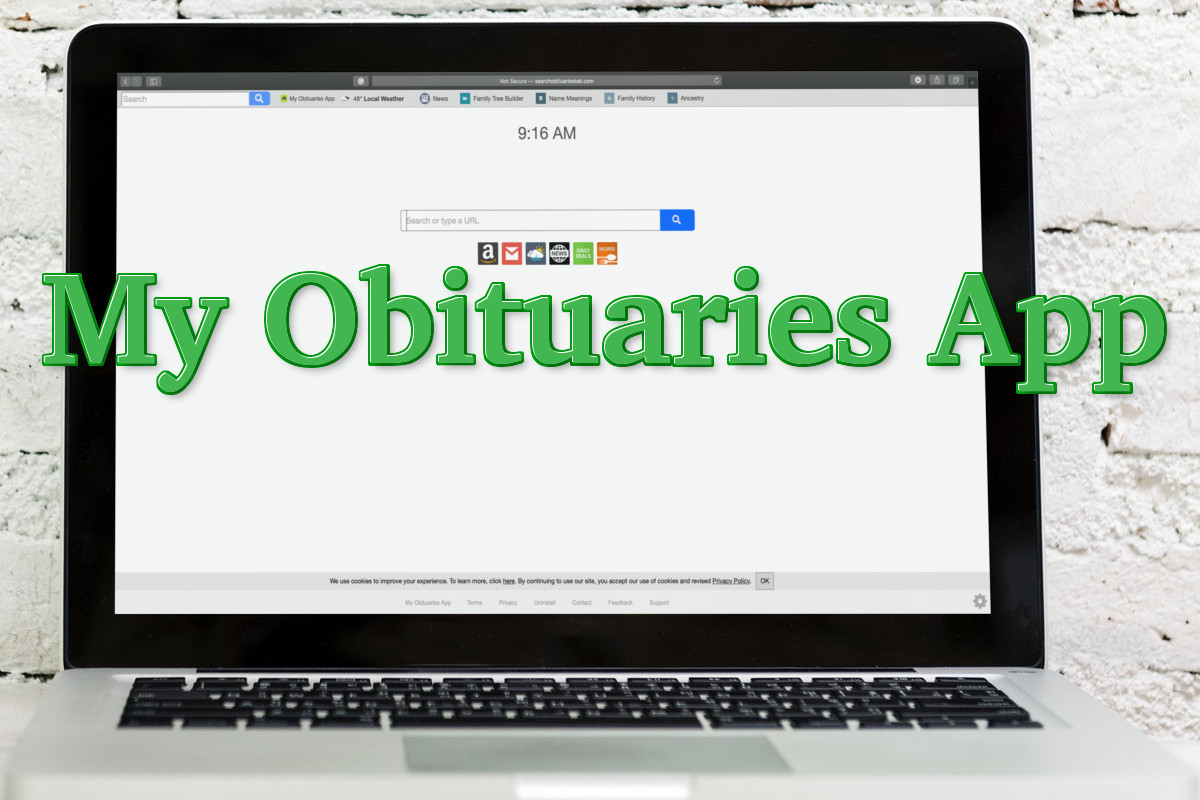 "My Obituaries App", a laptop with searchobituariestab.com on its screen