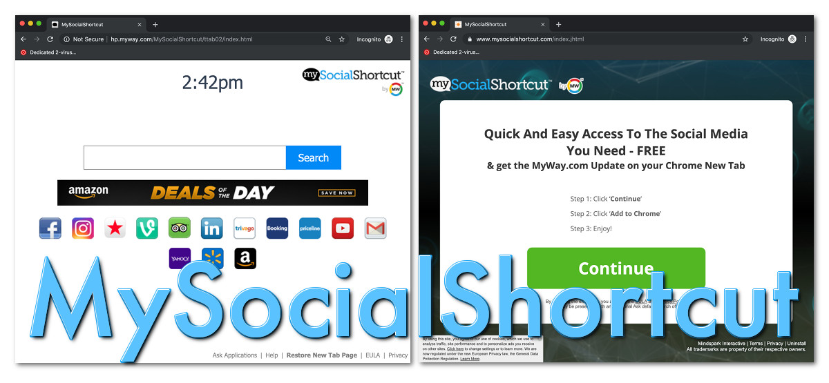 "MySocialShortcut", screenshots of the installation page and the newtab page