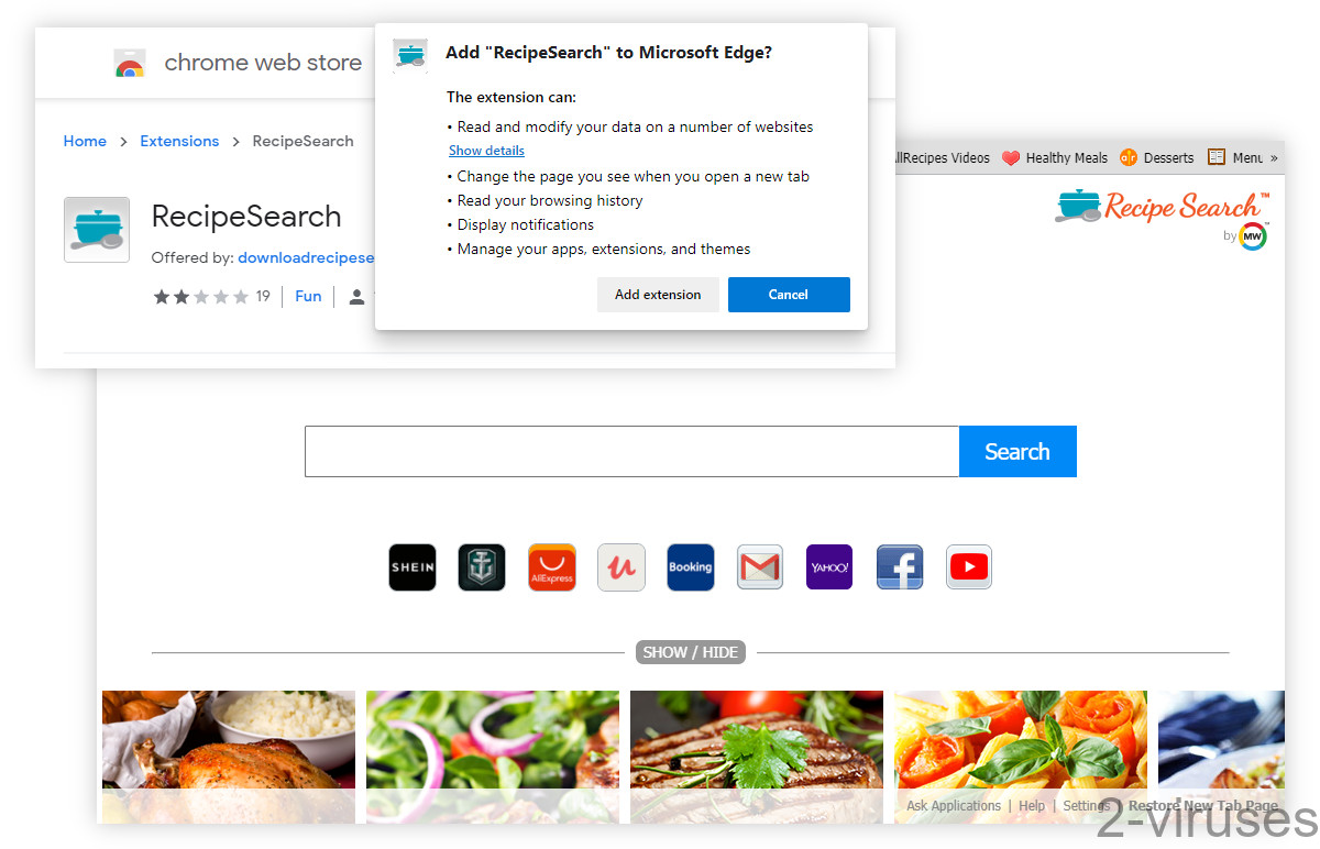 RecipeSearch reads youru browsing hisotyr and replaces your new tab page.
