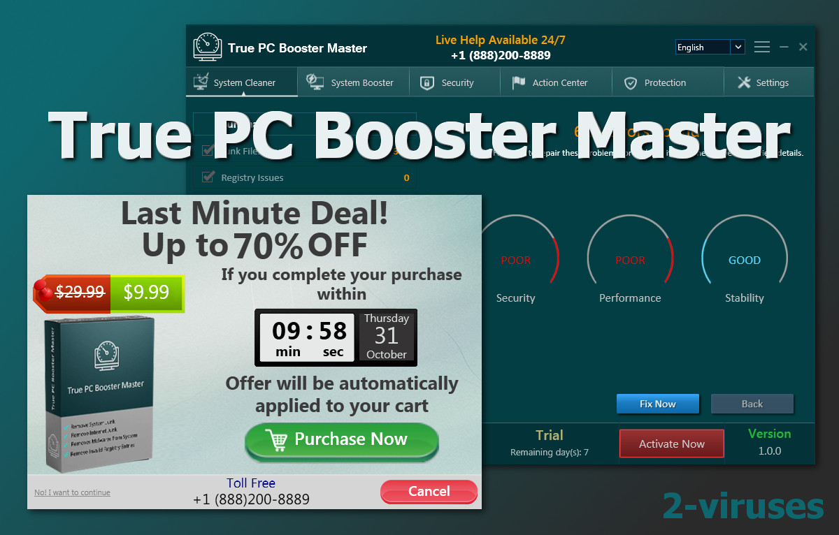 "True PC Booster Master", the scan results window and th epop-up that shows up when you try to uninstall the program