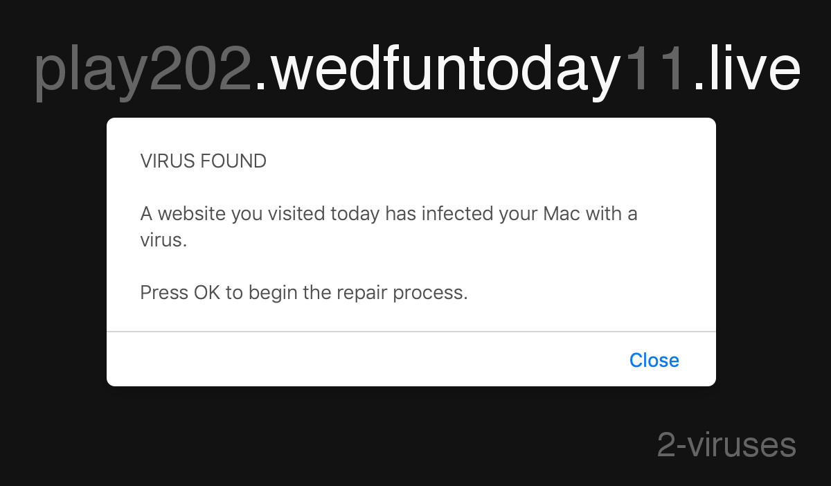 play202.Wedfuntoday11.live", a page and a fake virus alert