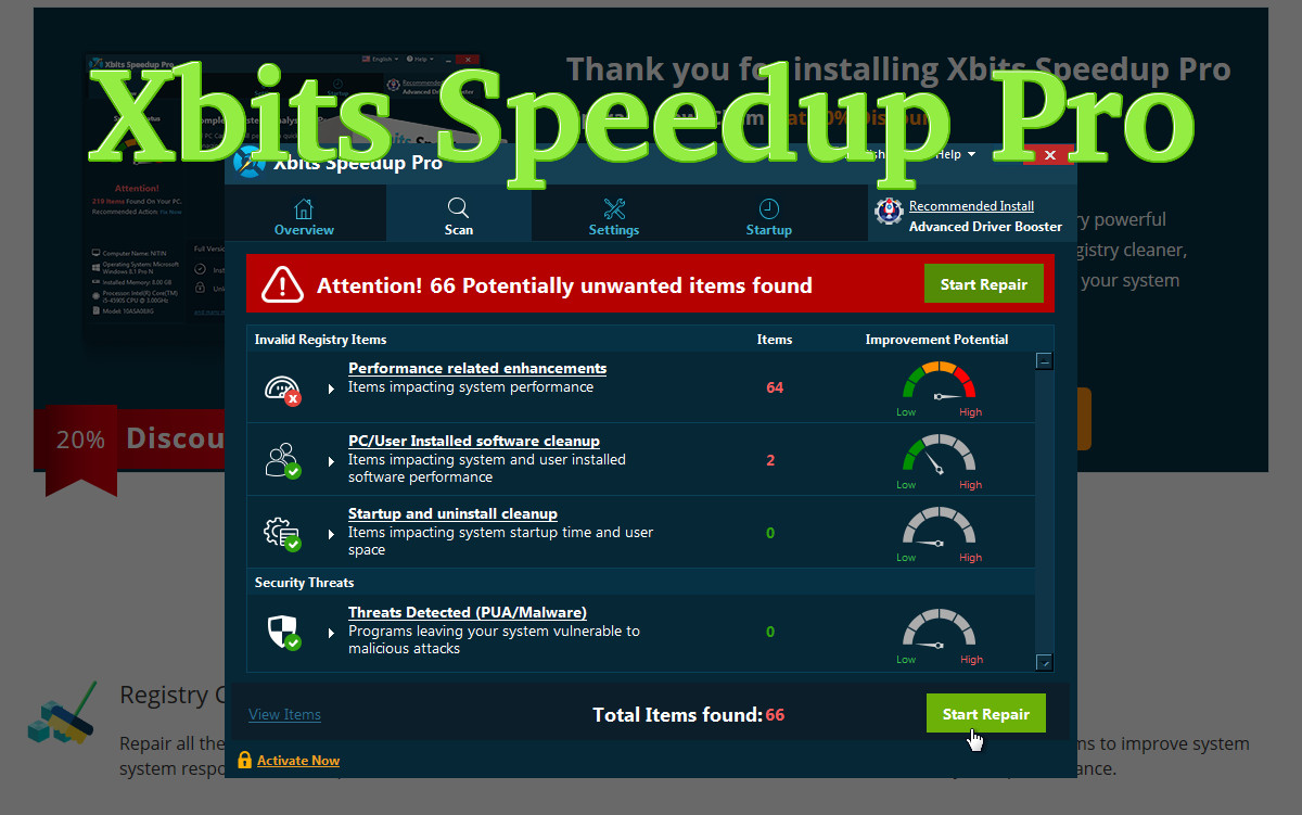 "Xbits Speedup Pro" scan results 66 items detected