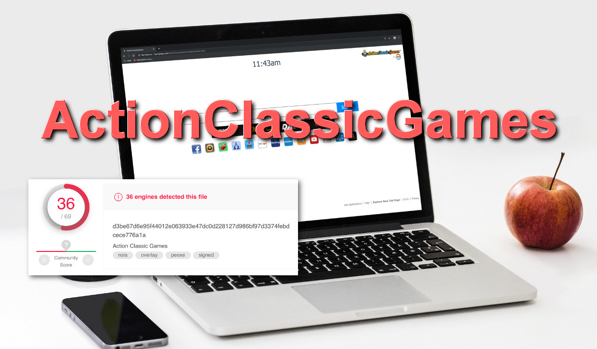 "ActionClassicGames", the homepage on a laptop screen and a virustotal screenshot showing 36 detections