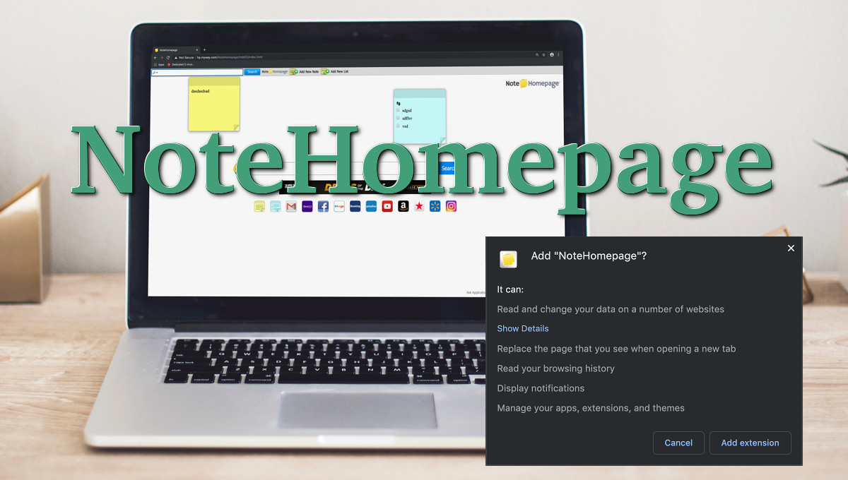"NoteHomepage", new tab screenshot and permissions