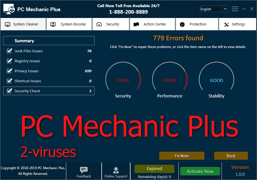 "PC Mechanic Plus" screenshot with 779 errors