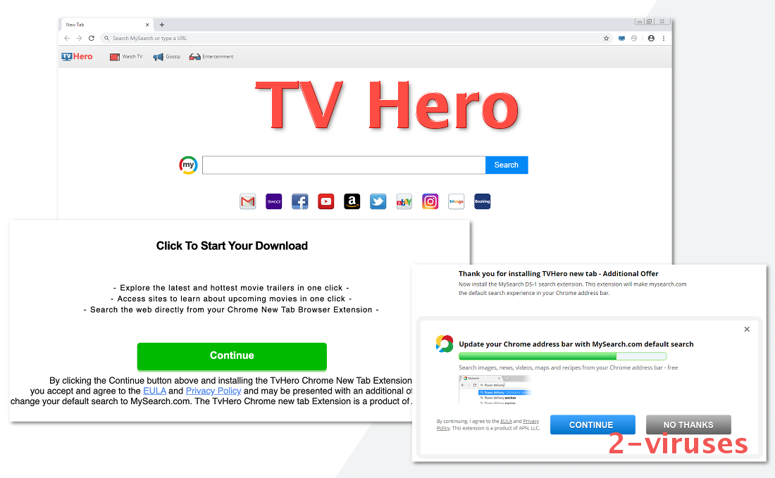 "TV Hero", "Click to start your download", "update your chrome address bar with MySearch.com default search"