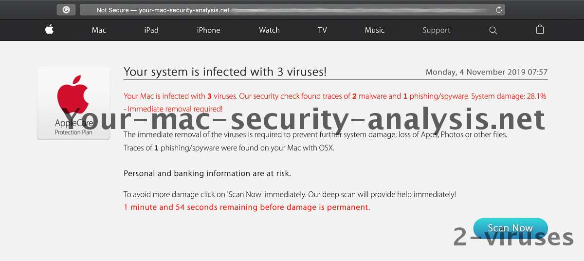 "Your-mac-security-analysis.net" screenshot of the initial warning page