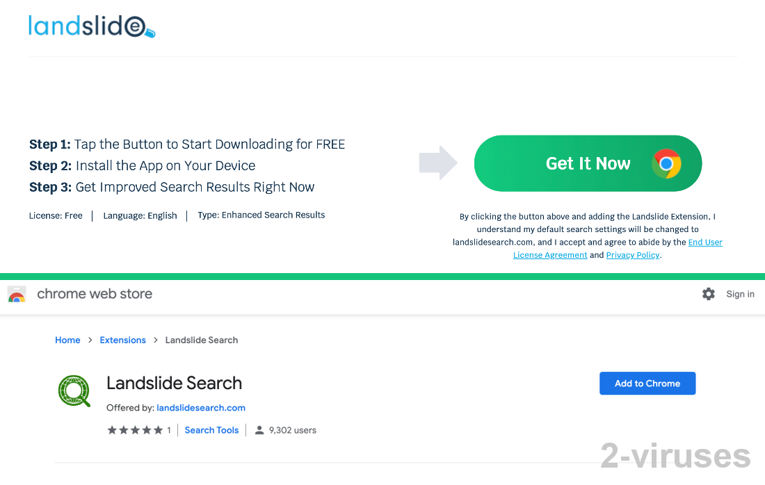 Landslide Search: homepage leads to the Chrome Web Store.