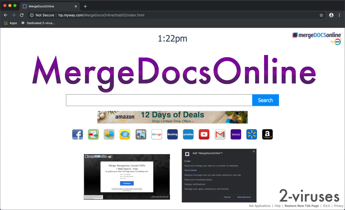 "MergeDocsOnline", the new tab page has links and a search bar in the middle