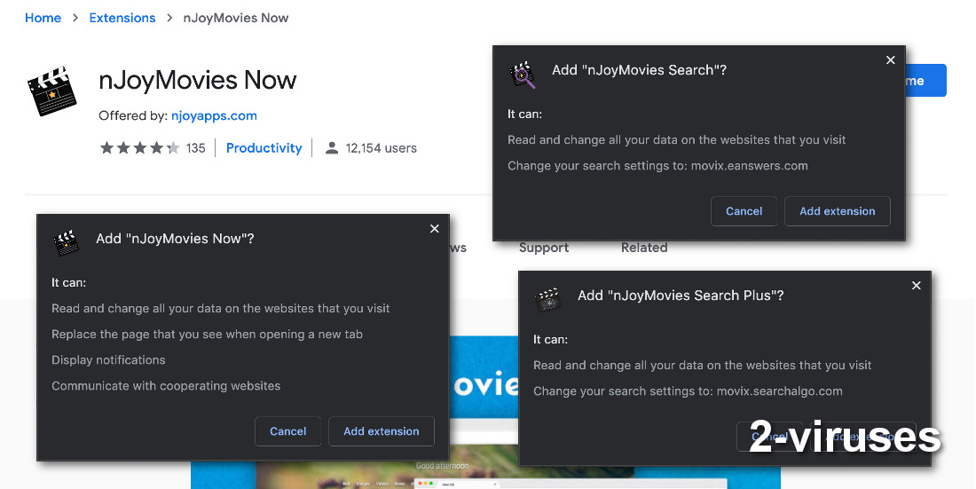 There are three NJoyMovies hijackers with different permissions.