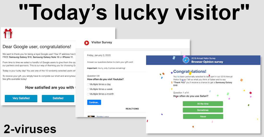 "Today’s lucky visitor" has fake Google, Youtube and Facebook versions.