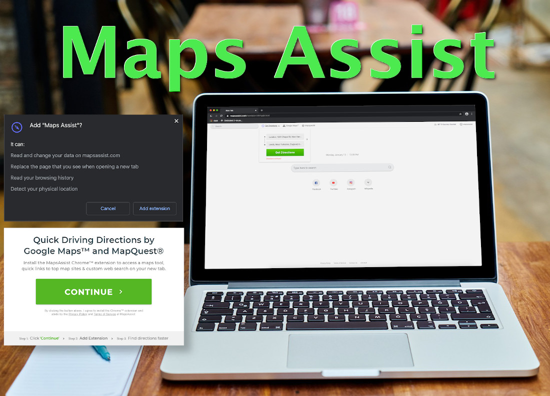 Mapsassist.com promises quick driving directions before telling you to install the extension.