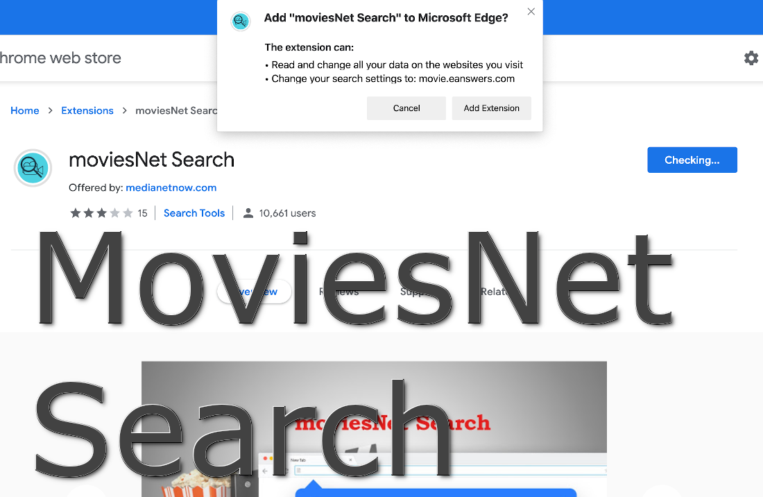 MoviesNet Search asks to read all your data on the websites you visit and to change your search settings.