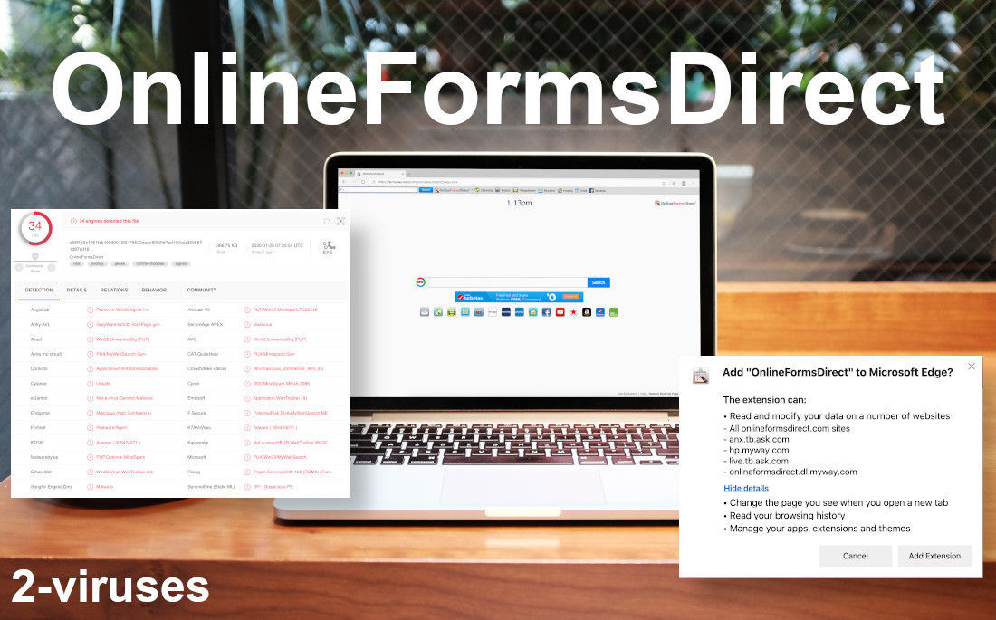 OnlineFormsDirect is detected by 34 antivirus programs on VirusTotal.