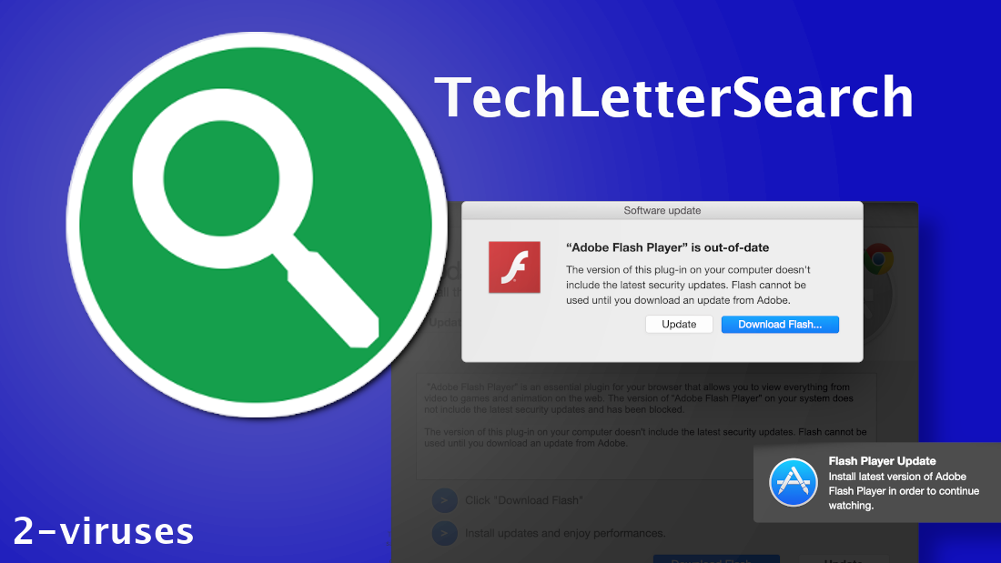 TechLetterSearch and a fake Flash update pop-up.