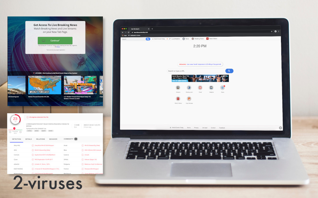 World Events Today Tab is detected by 23 antivirus programs on VirusTotal