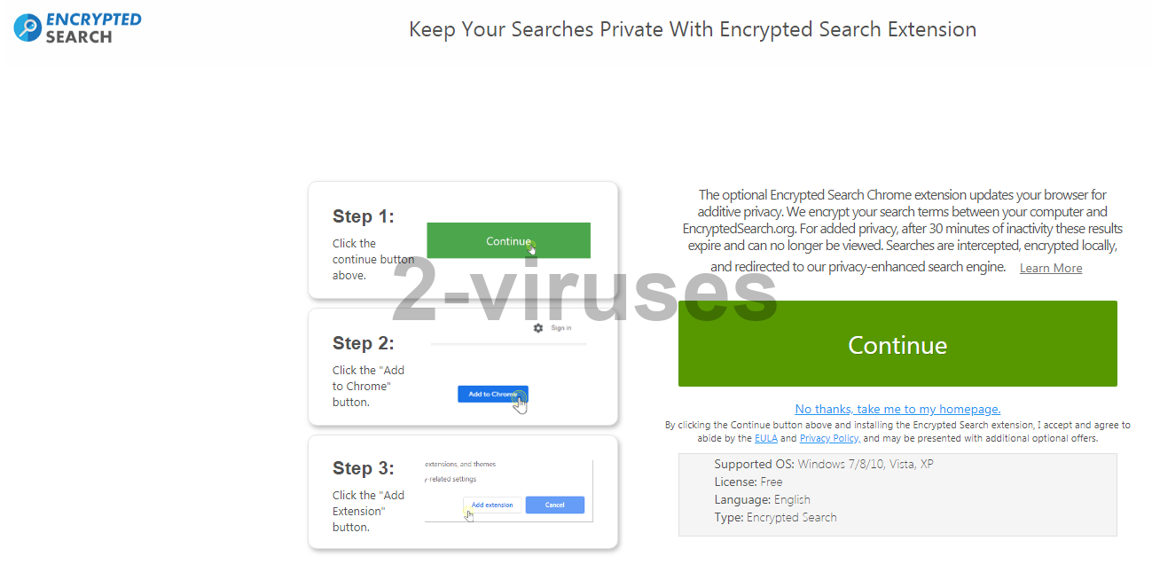Encrypted Search offer after App Discovery Tools with a big green "Continue" button.